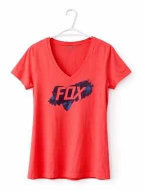 FOX Neon Coral Graphic V-Neck Cotton & Poly Blend Tee – Size Medium EUC